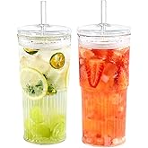 Puraville 20oz Glass Cups with Lids and Straws, 2 Pack High Borosilicate Iced Coffee Cups Drinking Glasses Tumbler for Smoothie, Water, Tea, Juice Drinks, Clear
