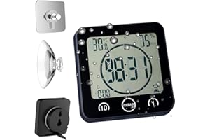 HOMEMELINDA Waterproof Bathroom Wall Clock and Timer, Digital Water Resistant Hanging Timer for Shower, Large Display Kitchen Cooking Countdown Timers, Mirror Suction Clock with Temperature Humidity Meter (Black)