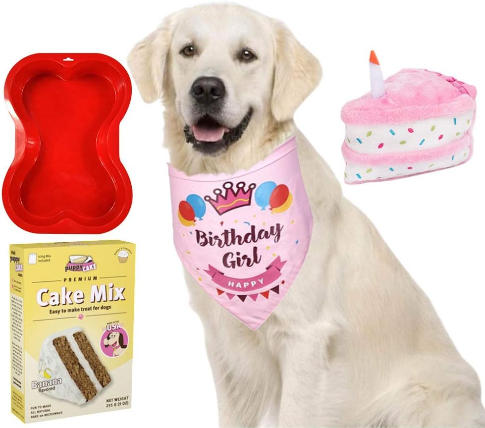 Primo Lines Dog Birthday Party Supplies Wheat-Free Cake Mix and Frosting, Cake Stuffed Toy, Bone Shaped Cake Pan, Bandana - Blue for Boys and Pink for Girls - Banana, Peanut Butter and Pumpkin Flavor