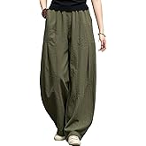 IXIMO Women's Linen Wide Leg Pants Casual Elastic Waist Loose Lantern Trousers Front Pockets