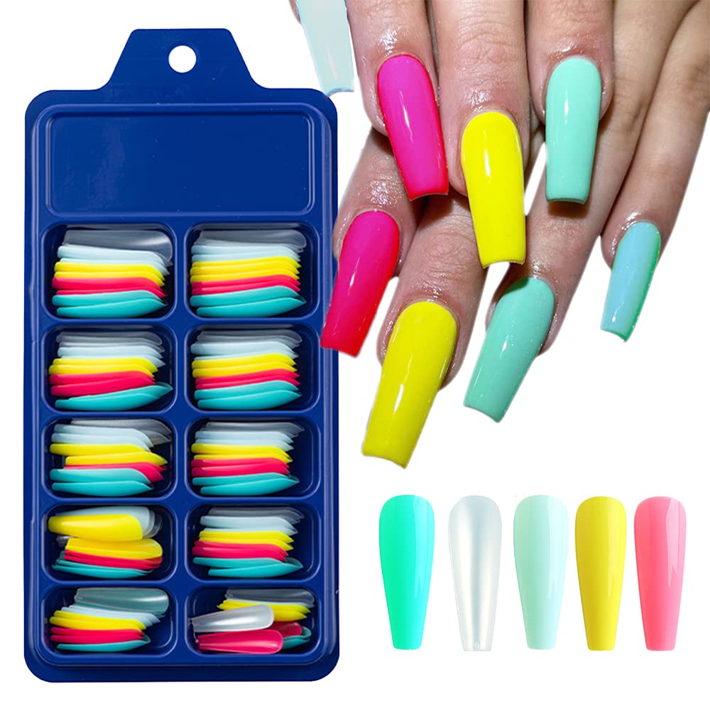 CHANGAR Colorful Long Coffin False Nails Ballerina Fake Nail Candy Press On Nail Acrylic Nail Tips Full Cover Colorful Artificial Nails for Nail Salons and DIY Nail Art (100Pcs)