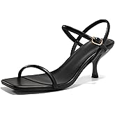 Coutgo Womens Strappy Kitten Heels Open Square Toe Sandals Buckle Ankle Strap Summer Dress Shoes