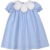 Toddler Baby Girls Casual Cotton Dress with Smocked Flower Collar Kids Vintage Dresses with Shortsleeves for Holiday Birthday