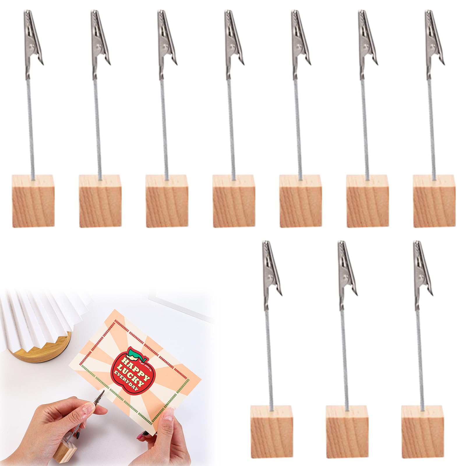 KARELLS Memo Clip Holder, 10PCS Alligator Clips with Wooden Base, Picture Holder with Clips, Crocodile Memo Clip for Craft Photo Card, Stand Wooden Card Table, Shop Display Price Tag