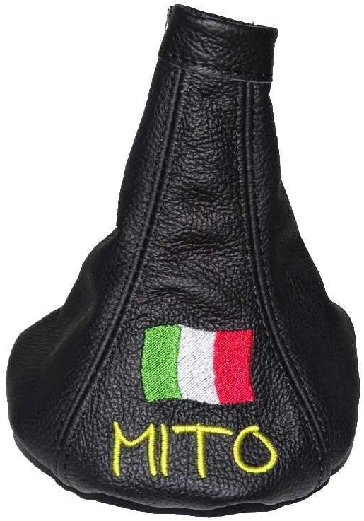 The Tuning-Shop Ltd For Alfa Romeo Mito 2008-2014 Shift Boot Black Italian Leather Yellow Mito Logo Embroidery