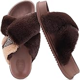 KuaiLu Women's Fuzzy Cross Band Platform Slippers Furry Faux Fur Comfortable Arch Support Open Toe Slides for Indoor Outdoor