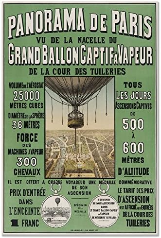 Panorama de Paris. Vu de la nacelle du Grand Ballon captif à vapeur de la Cour des Tuileries Circa 1878-36" high x 24" Wide (915mm high x 610mm Wide)