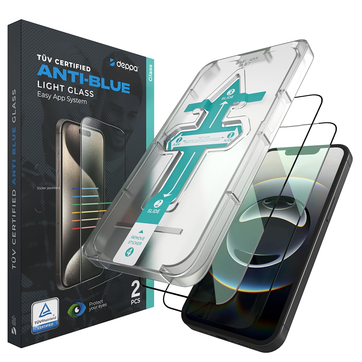 Deppa |2 Pack| Eye Safeguard Certified Anti-Blue Light Screen Protector for iPhone 13/13 Pro/14 (6.1') Tempered Glass Edge to Edge Full Cover with Easy Installation Kit Tray
