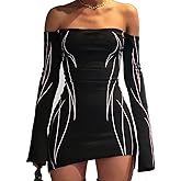 Aopwsrlyi Women Sexy Off Shoulder Long Sleeve Mini Bodycon Dress Y2K Print Asymmetrical Hem Dresses Party Clubwear