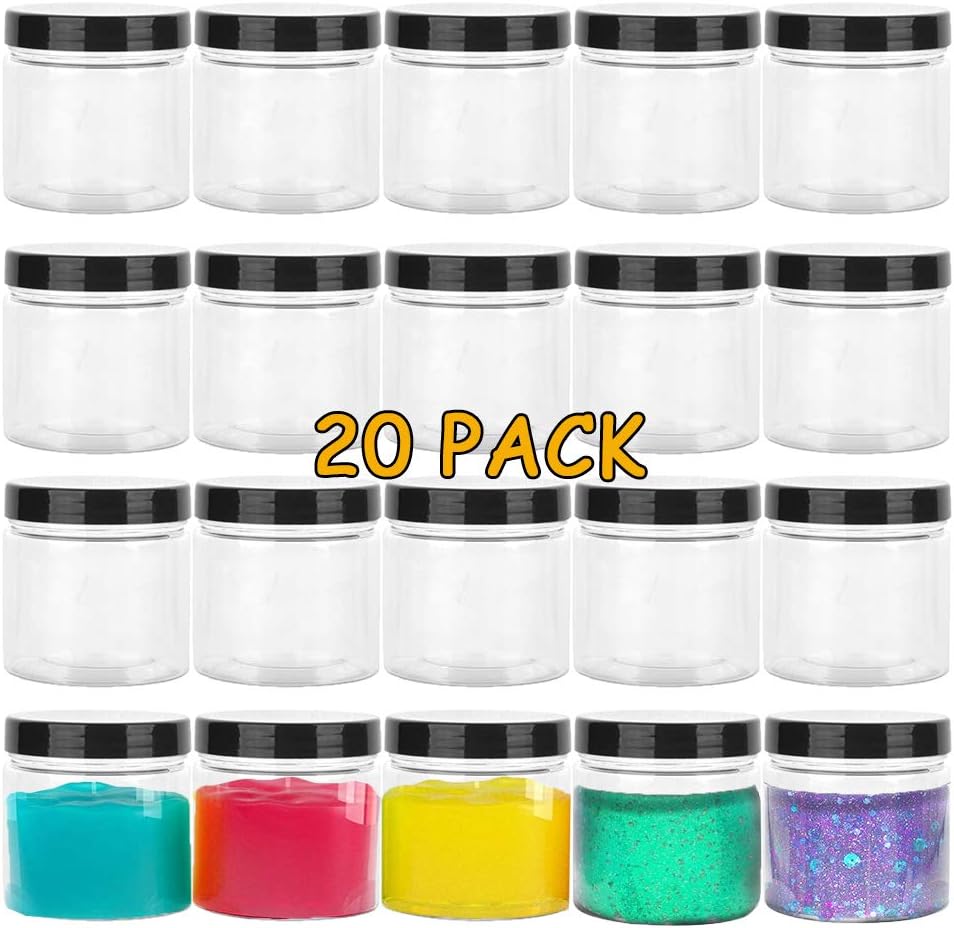 20 Pack Empty Plastic Slime Bottles,4oz Plastic Jars with Black Lids,Clear Slime Containers for Cosmetics,Lotion,Food Storage