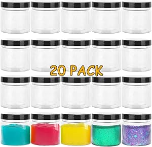 20 Pack Empty Plastic Slime Bottles,4oz Plastic Jars with Black Lids,Clear Slime Containers for Cosmetics,Lotion,Food Storage