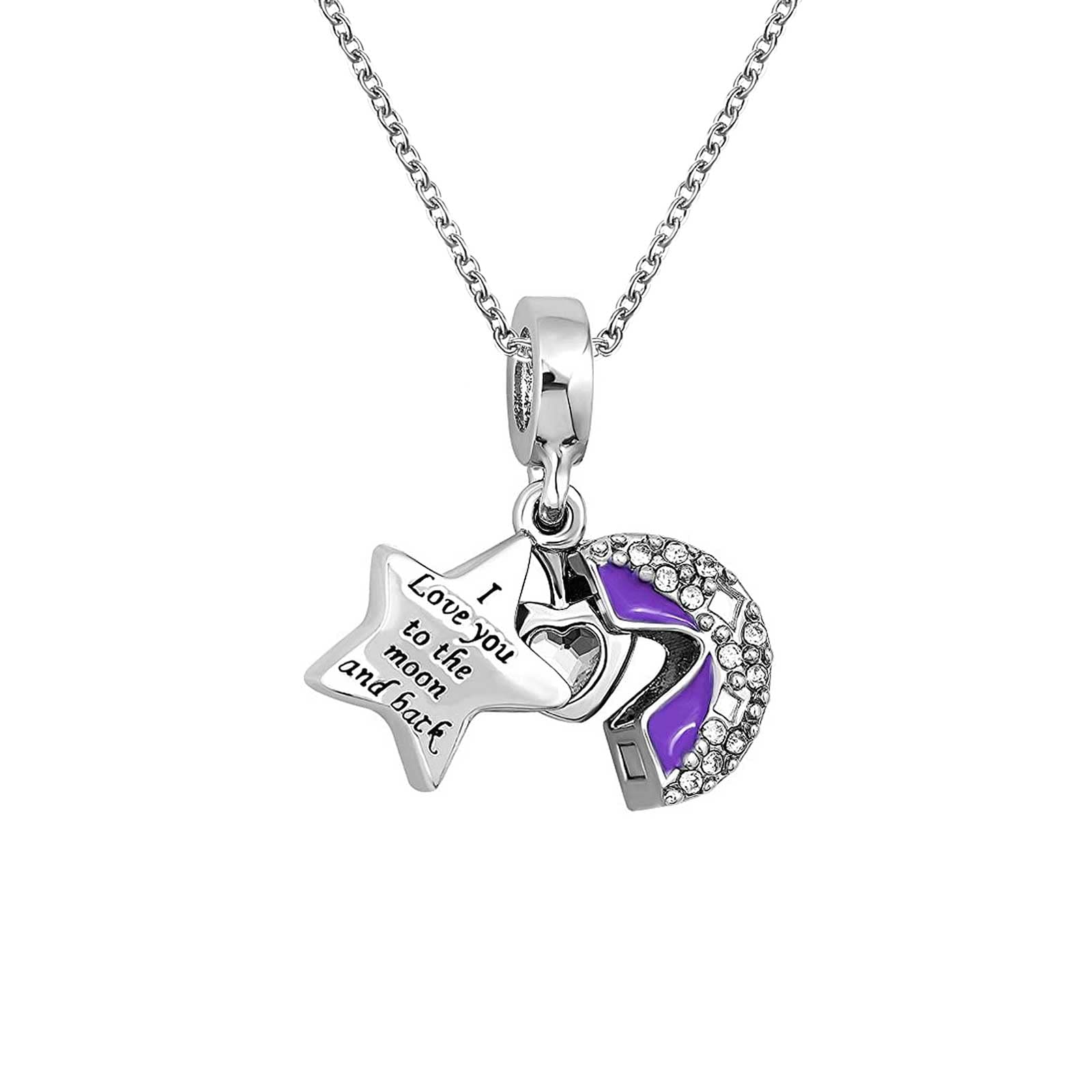 KunBead Jewelry Purple Moon Star Love Openable Heart Crystal 18 inch Pendant Necklaces for Wife Girlfriend Her