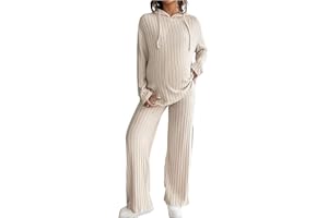 MakeMeChic Women's Maternity 2 Piece Outfits Lounge Set Ribbed Knit Long Sleeve Hoodie and Pants Pregnancy Set