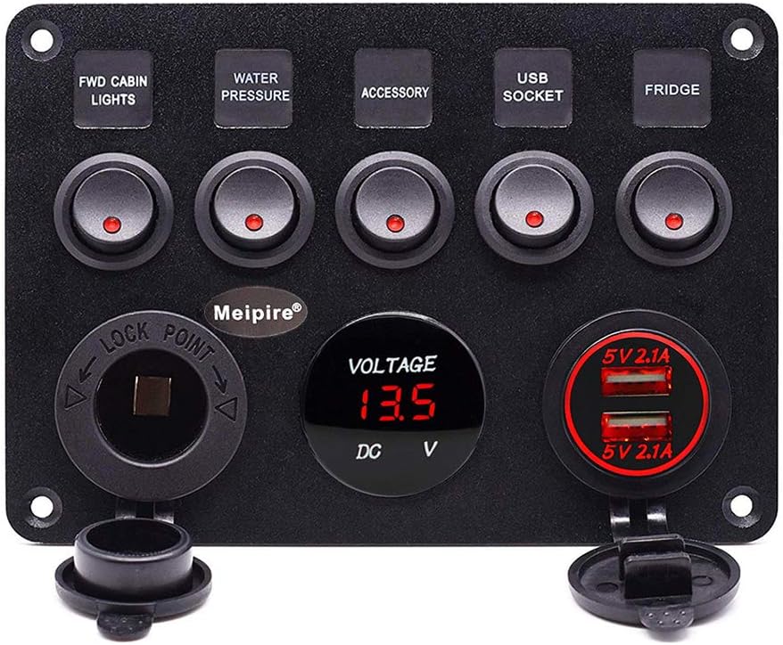 Meipire 5 Gang Switch Panel ON-Off Toggle Switch Panel Dual USB Socket Charger LED Voltmeter 12V Power Outletfor 12V~24V Vehicles Car Boat SUV Truck Yacht RV Camper Construction Vehicle (Blue): Industrial & Scientific