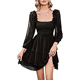 Byinns Women's Smocked Ruffle Mini Dress Square Neck Long Sleeve Party Dress Cute Cottagecore Wedding Guest Dress 2026 Trendy