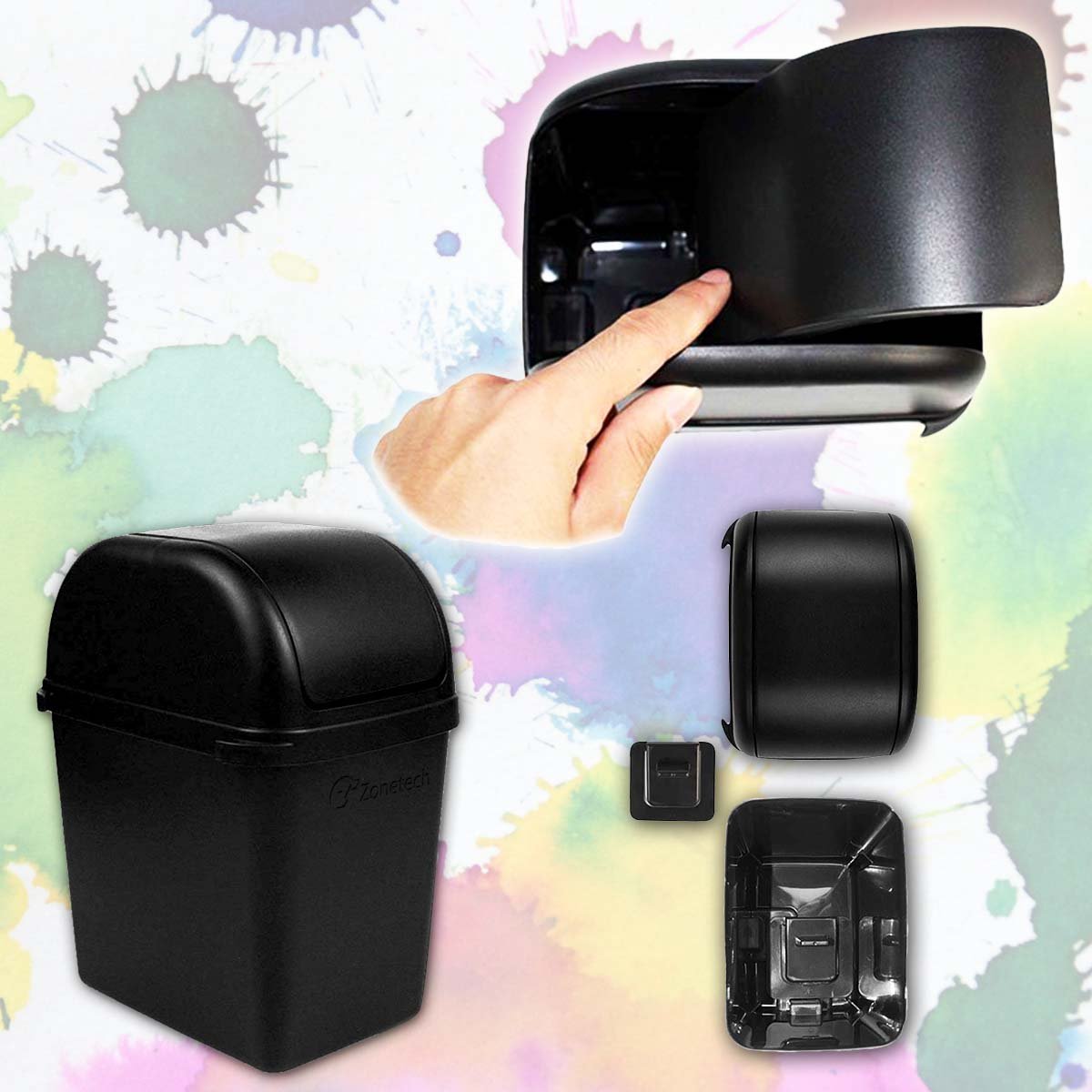 Zone Tech Portable Mini Car Garbage Trash Litter Wastebasket Can Latch