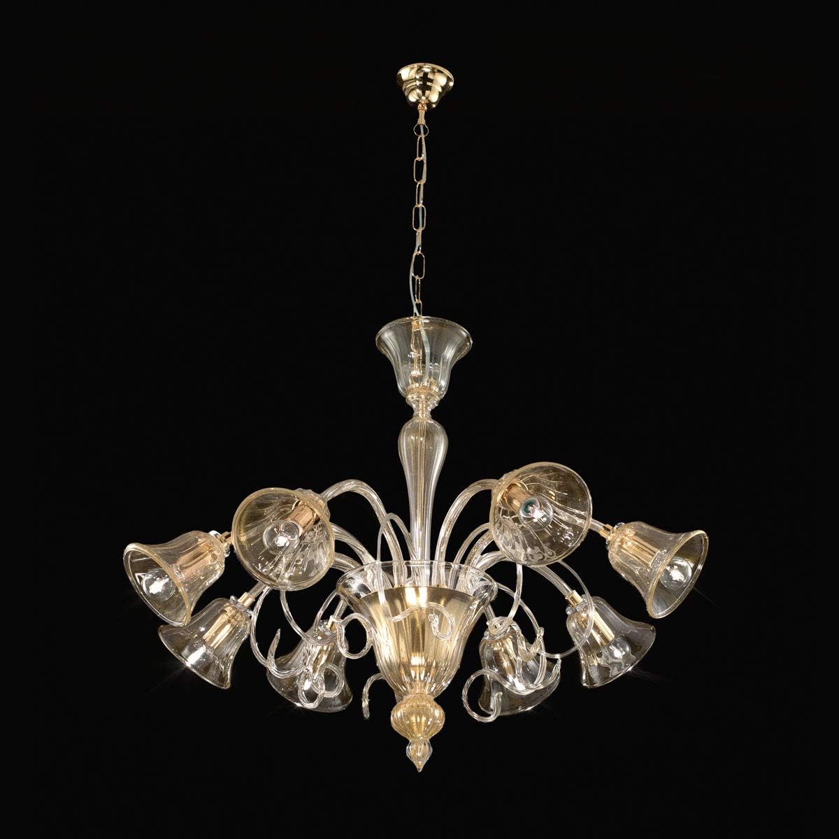 Murano Collection Murano Glass Chandelier Celsi in 24 Carat Gold Gold Transparent Glass Handmade in Italy Luster Classic Transparent Crystal Lamp E14