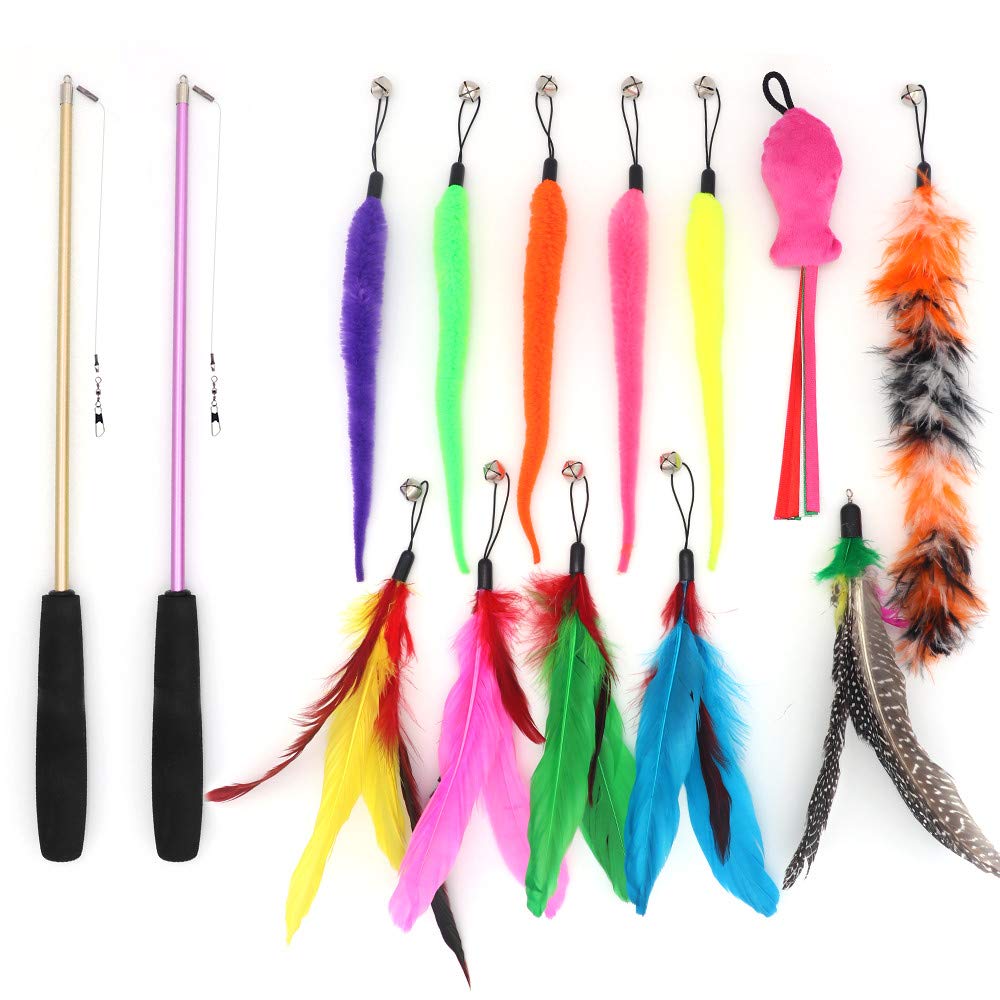SLSON 14 Pack Cat Teaser Toy 2 Retractable Interactive Cat Wand and 12 Colourful Replaceable Feather Toys with Bells For Indoor Kitten Catcher