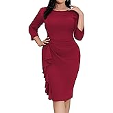 Plus Size Dresses for Curvy Women 3/4 Sleeve Bodycon Ruffle Midi Pencil Dress