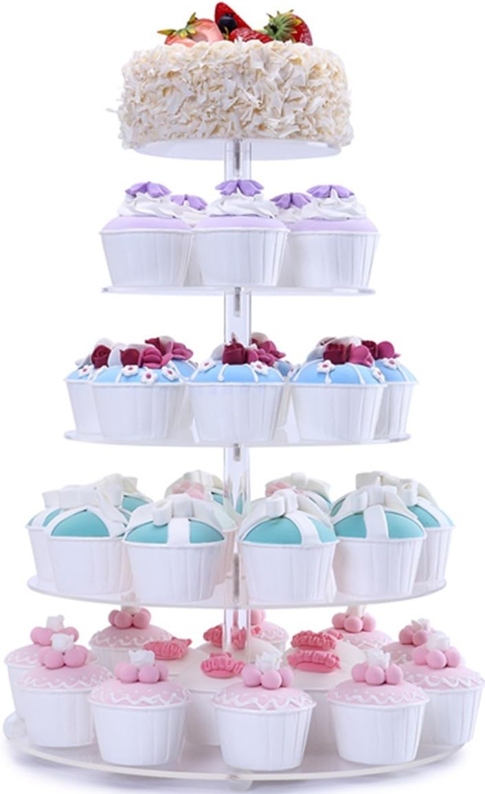 BonNoces 5 Tiers Round Acrylic Pastry Wedding Cupcake Stands Tower Tree-Cupcake Carrier-Clear Tiered Cake Stand Tall Jumbo-Round Dessert Stands-Cupcake Display Stand