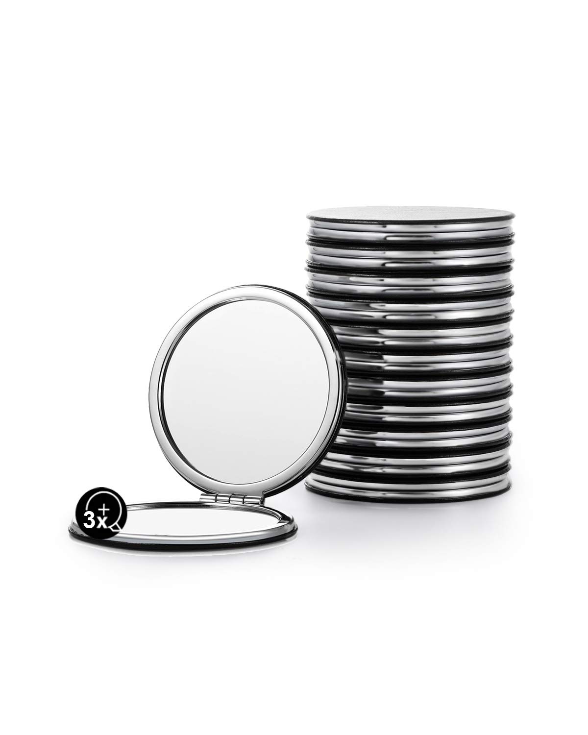 Compact Mirror Bulk, Set of 12 Round Double-Sided 1X/3X Magnification PU Leather (7cm, Black)