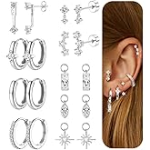 FUNRUN JEWELRY 14K Gold Plated Surgical Stainless Steel Cartilage Earrings Hypoallergenic Flat Back Earrings For Women Trendy Small Stud & Hoop Earring Stacks Sets for Helix Tragus Piercing Jewelry