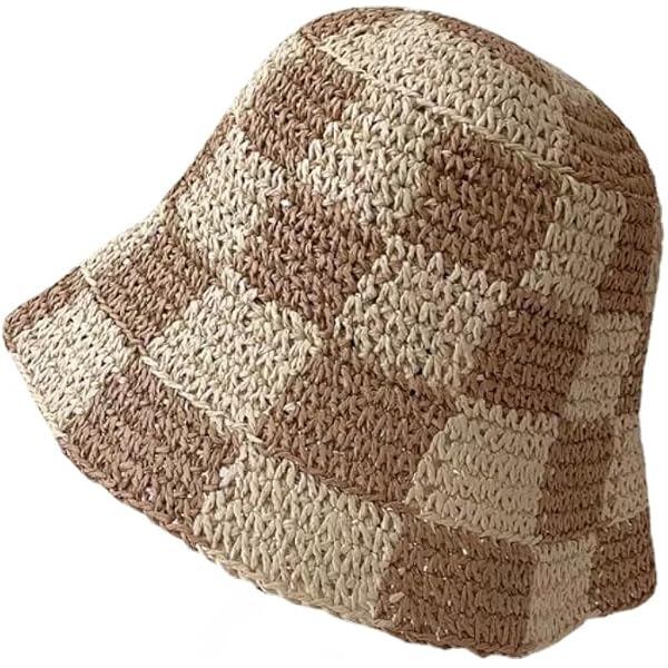 Sun Hats Checkerboard Straw Bucket Hat for Women Packable  display picture 1