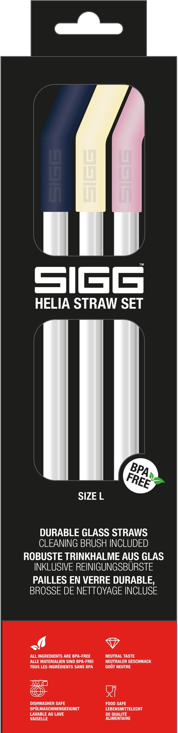 SIGG Helia Glas Straw Set (3 Pieces), Dishwasher-Safe Reusable Straws Made of Glas, Set of Drinking Straws with Straw Cleaner Included - Night Large