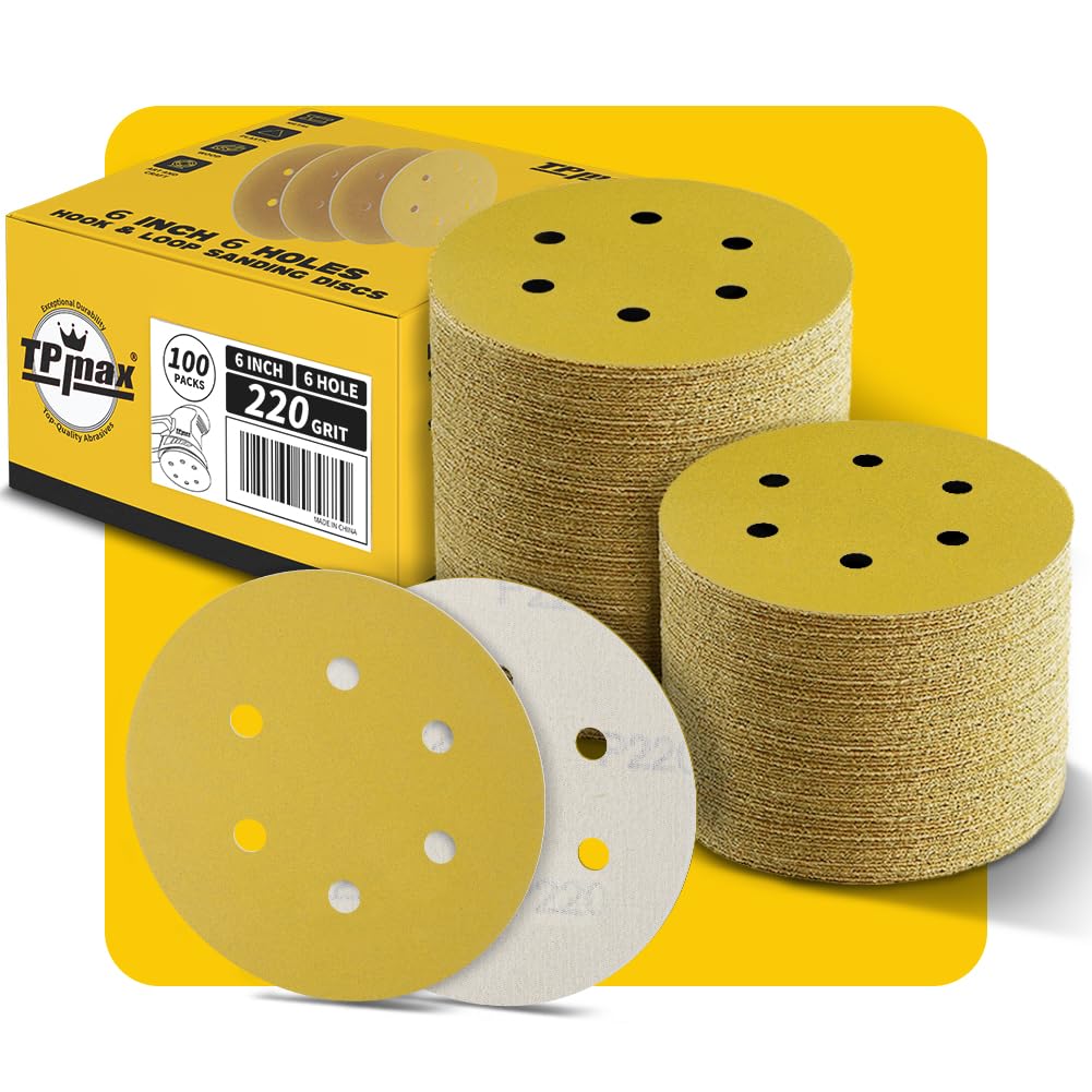 Photo 1 of 100PCS 6 Inch 220 Grit 150mm 6 Hole Sanding Discs Sandpaper - Premium Gold Round Hook and Loop for Random Orbital Sander - Ideal for Wood, Metal, Automotive