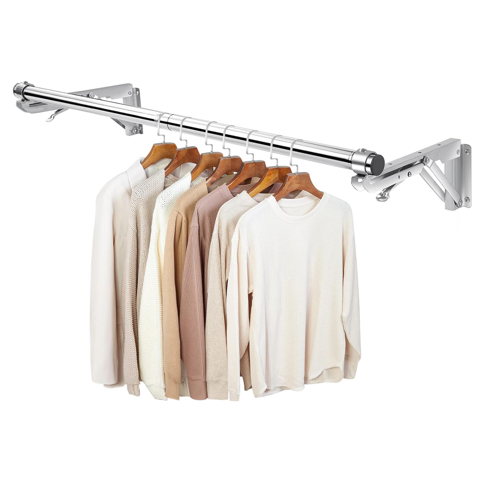 Foldable Wall Mounted Clothes Rack-30'' Long Rod&2 Thick Bases,Stainless Steel,Multi-Purpose for Space-Saving Garment Rack/Clothes Drying Rack/Clothes Hanger,Detachable and Top Shelf Room Reserved