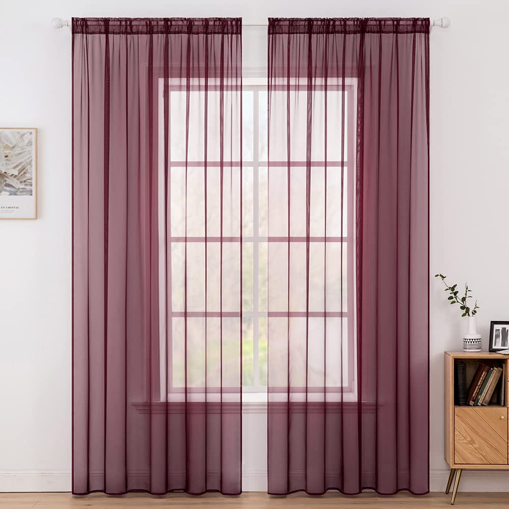 MIULEE 2 Panels Solid Color Sheer Window Curtains Christmas Decoration Smooth Elegant Window Voile Panels/Drapes/Treatment for Bedroom Living Room 55''W x 57''L, Rod Pocket Red
