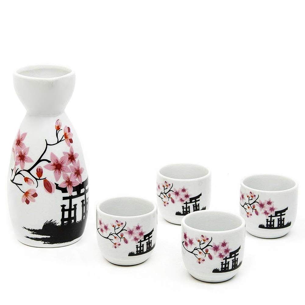 5 Piece Japanese Sake Cup Set Hand Painted Cherry Blossoms Flower