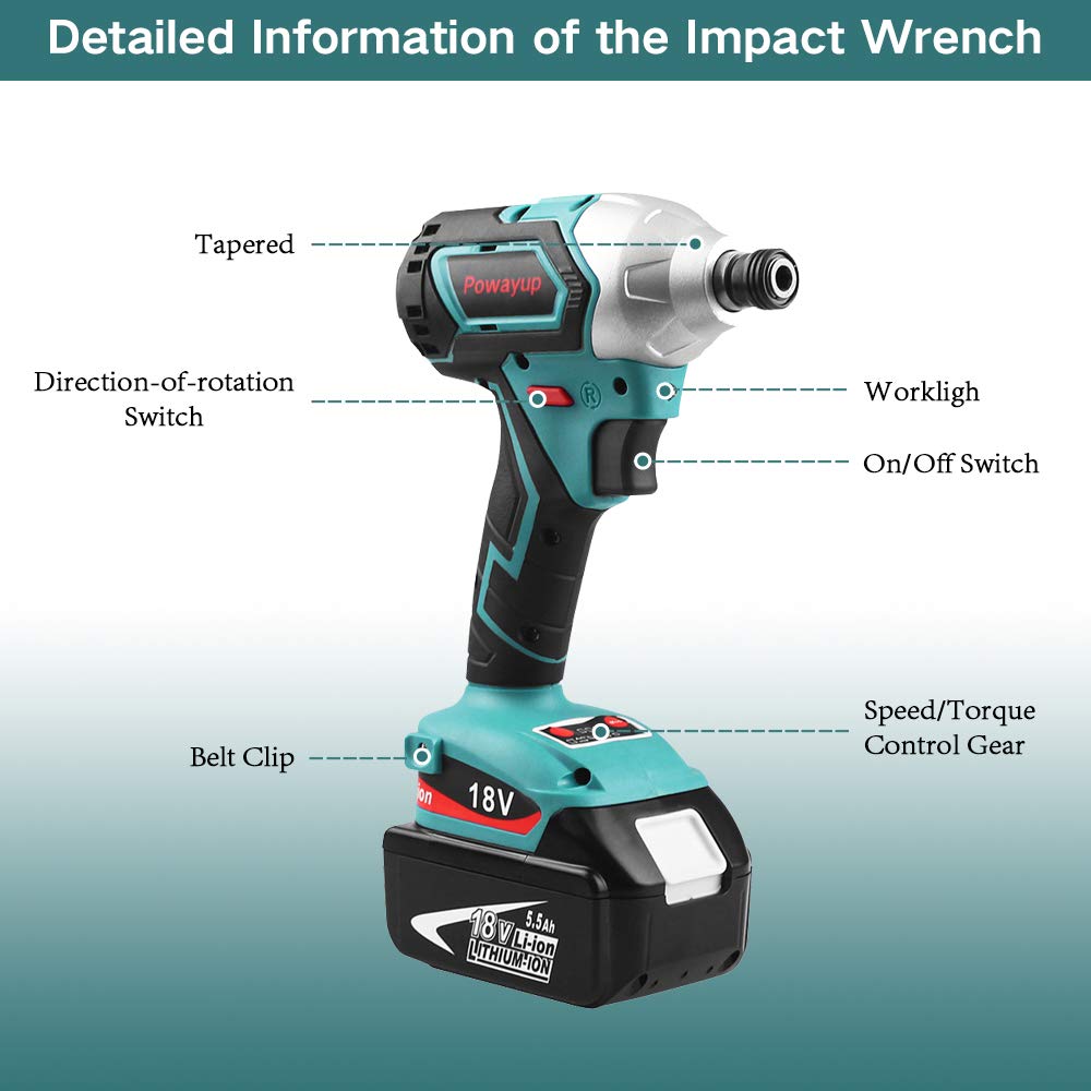 Powayup pour Makita cl/&eacute; /&agrave; chocs sans fil 1X 18V 5.5Ah batterie pour Makita BL1860B et 1X chargeur Li-ion de 14,4 V 18 V pour Makita