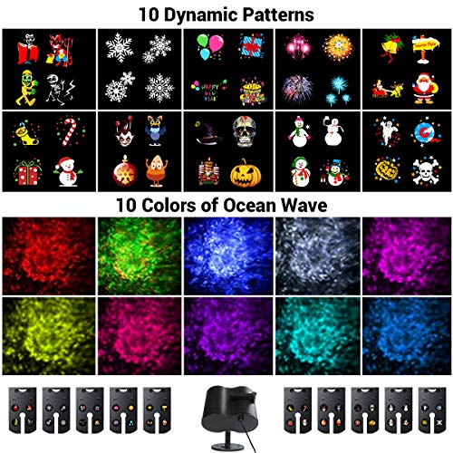 Ocean Wave Christmas Projector Lights, Dr. Prepare Remote Control 2-in-1 Ripple Light with 10 Slides Patterns, Indoor Outdoor Holiday Decorations IPX65 Waterproof for Party, Christmas, Halloween
