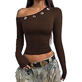 Naileksi Women Y2k Eyelet Long Sleeve Crop Top One Off Shoulder Backless Solid Slim Fit Grunge Crop T Shirt E-Girls Fall