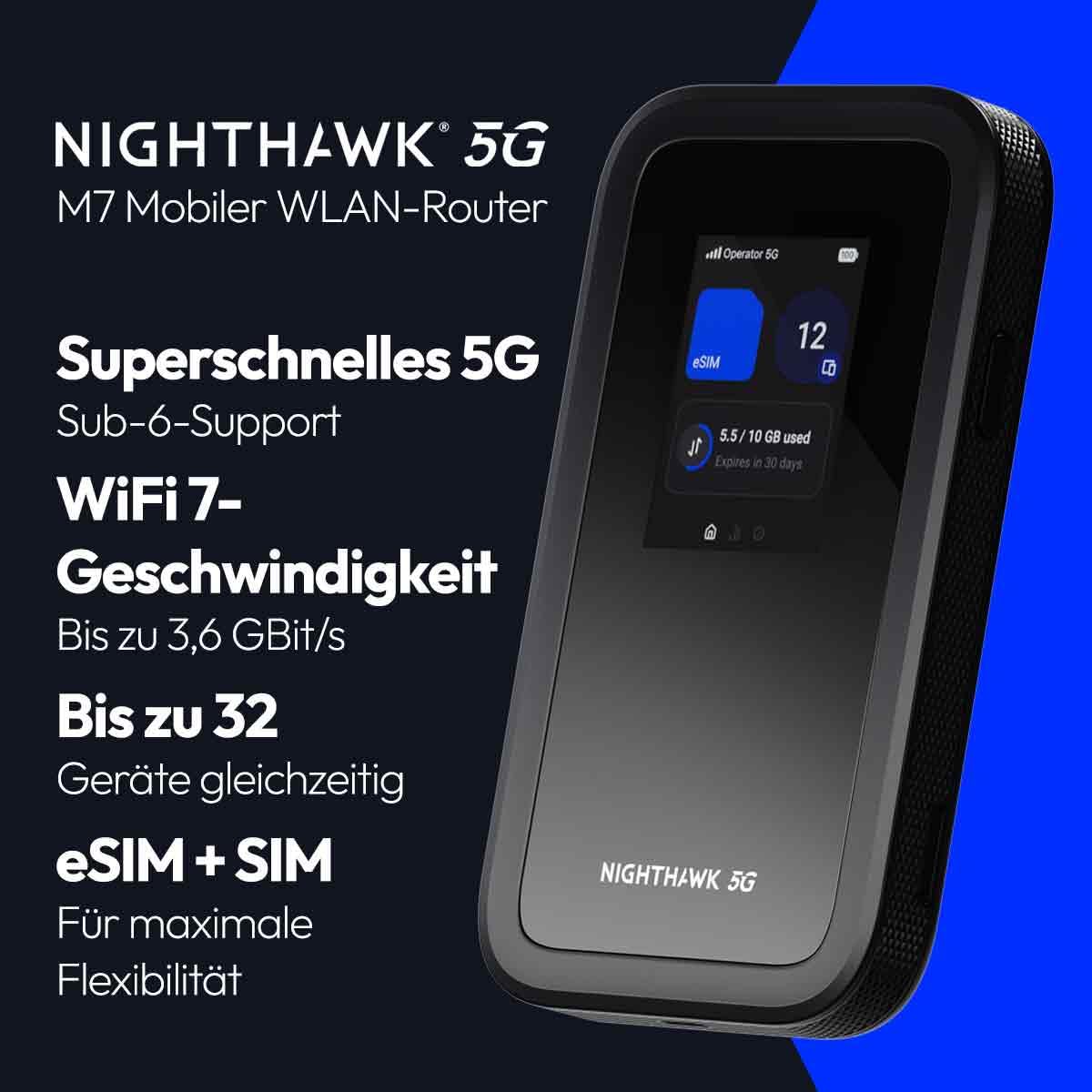 NETGEAR Nighthawk M7 (MH7150) | Mobiler 5G Router mit SIM-Karte & eSIM | Tragbarer WiFi-Hotspot mit physischem SIM-Slot kompatibel mit jedem Anbieter. | 5G/4G/LTE | WiFi 7 | bis zu 3,6 Gbit/s 2