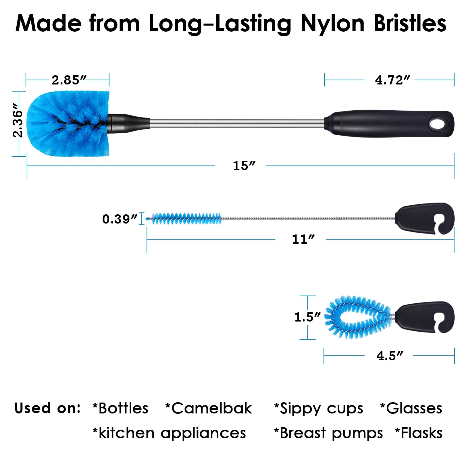 MOSOLAN 3-in-1 Stainless Steel Bottle Brush and Straw Cleaning Set, Long Handle Scrub Brush with Replaceable Head for Water Bottles, Glasswares, Mugs, Flasks, Tumblers, Vases, Round Head