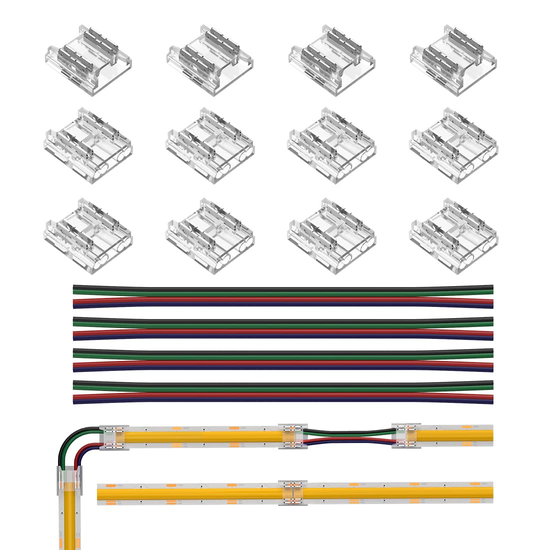 BTF-LIGHTING FCOB CCT RGB 4pin 10mm Connector Kit - 12pcs Transparent, 6pcs 15cm Long 22AWG Extension Cable Wire for Board to Board Soldering and 4pin LED Light Corner Connector