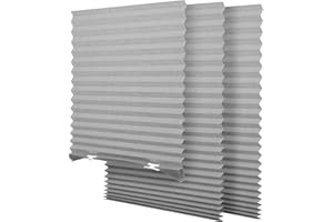 SEEYE Light Filtering Temporary Blinds Cordless Shades Fabric Pleated Fabric Shade Easy to Cut and Install, 36" W x 72" L - 3 Pack, Grey, with 6 Clips