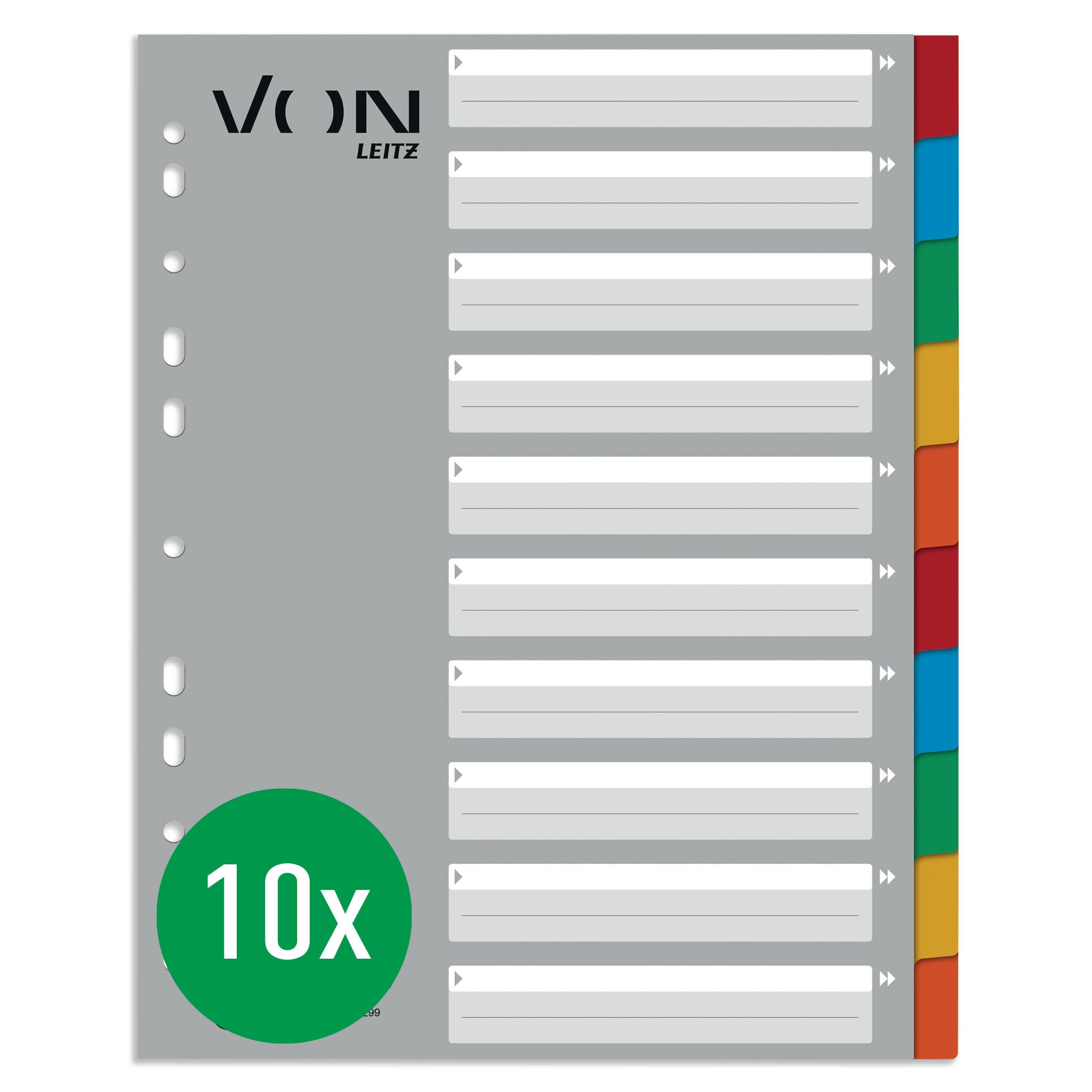 VON Leitz 10 Pack 10-Piece Index A4 Extra Wide, 100% Recycled Cardboard, Blank Tabs, 11-Hole Universal Index for Staplers & Ring Binders, 12990000
