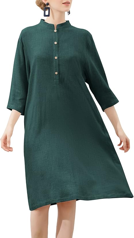 Amazon Co Jp Meomua ワンピース レディース シャツワンピース 膝丈 綿麻 七分袖 Aライン スタンドカラー ポケット ゆったり サマードレス S Xxl 服 ファッション小物