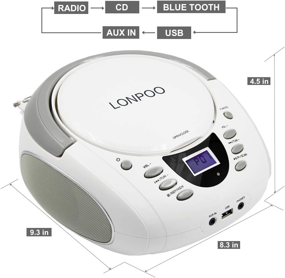 LONPOO CD Boombox Portable CD Player with Bluetooth, FM Radio, AUX