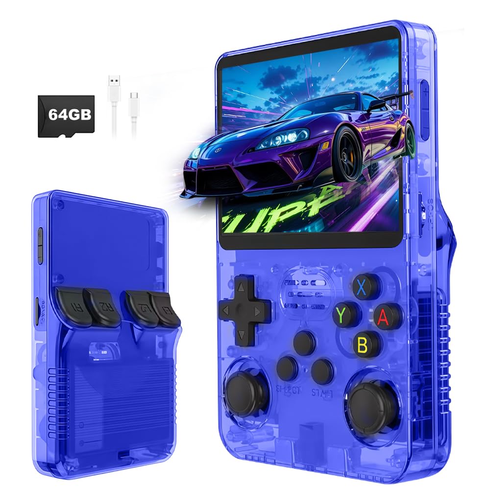 R36s Retro Handheld Game Console, Handheld Games Consoles with 3.5 Inch Ips Display and 20,000+ Classic Games, Portable Pocket R36s Game Console for Teens And Adults (64G) (Blue Translucent)