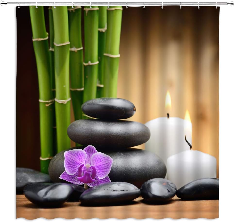 Amazon Com Lileihao Zen Garden Themed Shower Curtains Spa Decor Japanese Design Stones Flower Candle Pattern Print Bathroom Decor Home Bath Bathtub Cloth Hanging Curtain Set Polyester 69 X 70 Inch With Hooks