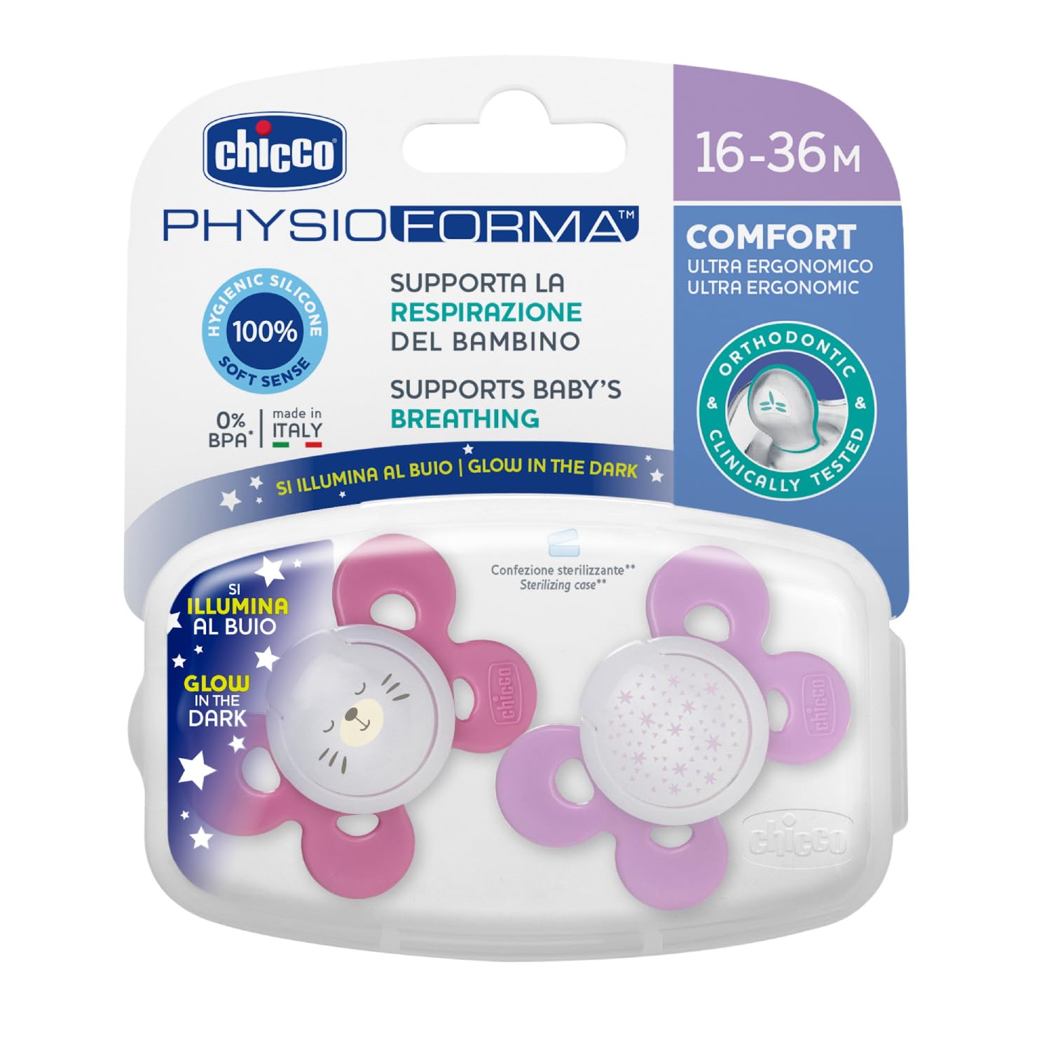 Chicco Physio Comfort Night 2 Silicone Soothers 16-36 Months - Beige Hedgehog and Purple Stars