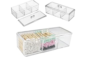 Dycica Clear Cotton Ball and Swab Holder 3 Divided Compartments with Lid, , Waterproof Bathroom Organizers Small Plastic Storage Containers, Vanity Makeup Organization (A)