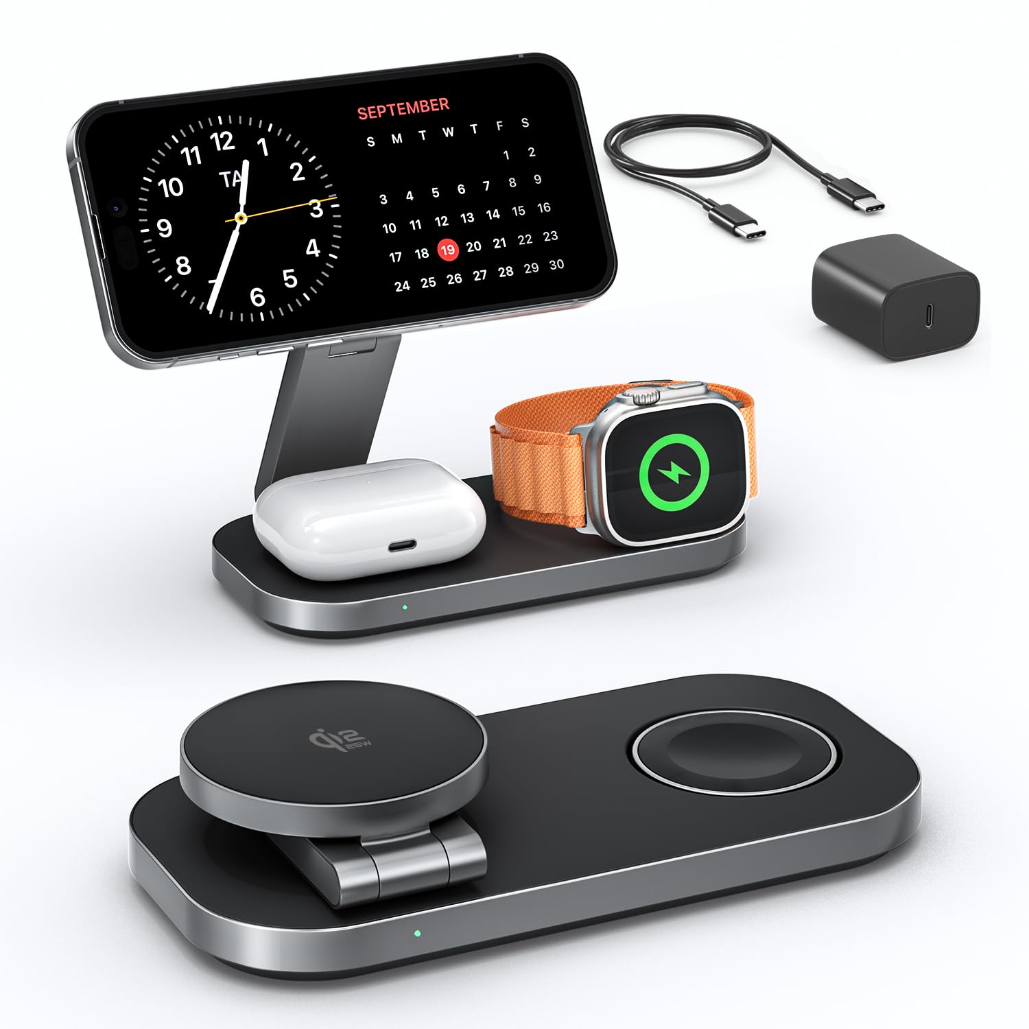 Photo 1 of 3-in-1 Charging Station for Apple Device, Qi2 25W Certified Magnetic Wireless Foldable Fast Charger Stand Compatible with MagSafe for iPhone Air/17/16/15/14/13/12 Series, Apple Watch & AirPods
