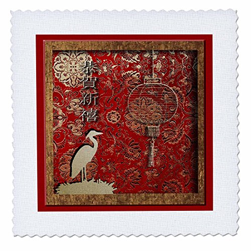 3dRose qs_12979_10 Crane & Lantern, Happy Chinese New Year in Chinese Quilt Square, 25 by 25