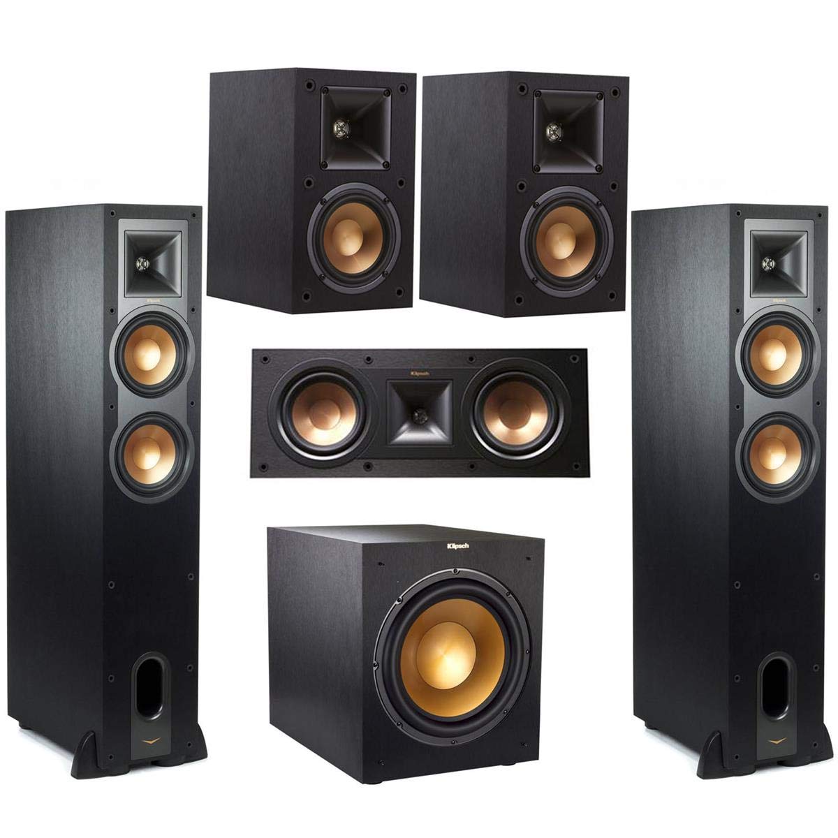 Klipsch Reference 5.1 Sistema de cine en casa – Paquete con 2 altavoces de pie R-26FA, 2 altavoces de estantería R-41M, altavoz de canal R-25C, subwoofer R-12SW