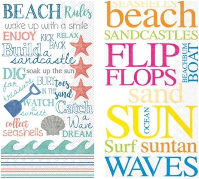 Hand Towels in a Beach Theme - Bundle of Guest Towels/Buffet Napkins Includes (1) 16 count"Beach Rules" (1) 16 count"Beach"